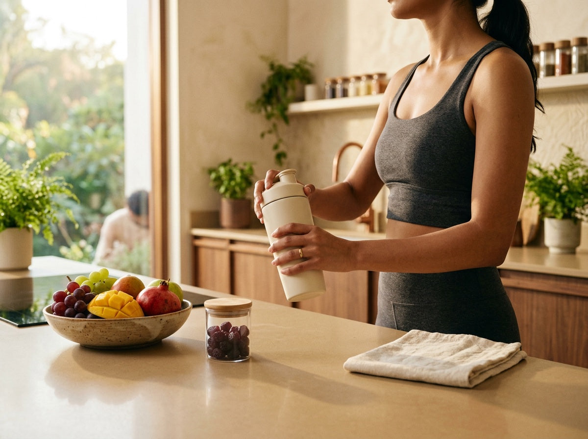 Morning routine: preparing a protein shake in a sunlit kitchen