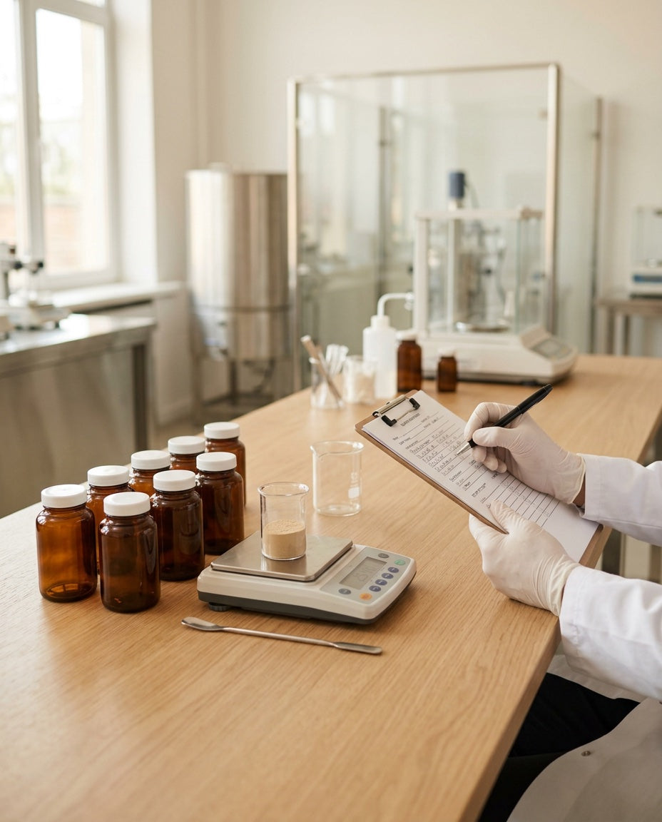 Quality check of supplement batches on a lab bench
